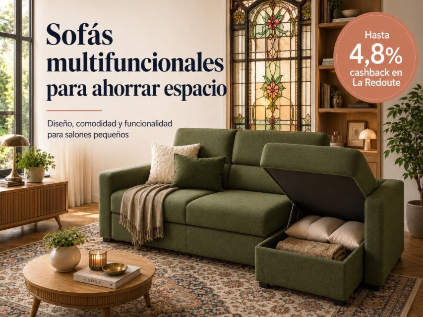 Sofás que ahorran espacio: cómo elegir el ideal para tu hogar Ideas para optimizar salones pequeños con sofás convertibles, modulares y con almacenaje, ahorrando espacio y dinero con cashback en La Redoute.
