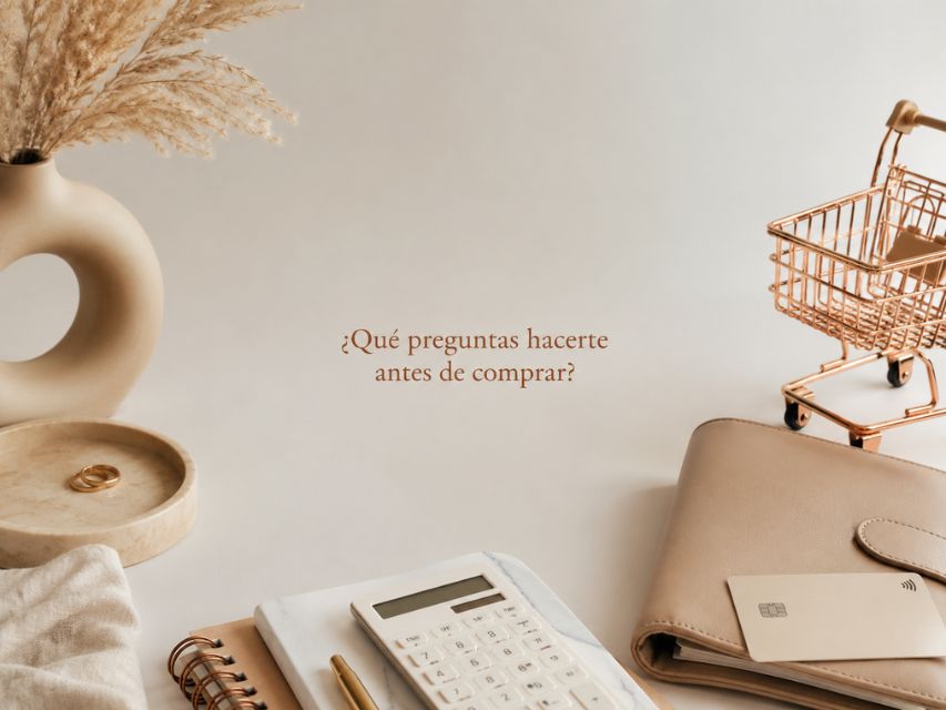 ¿Qué preguntas hacerte antes de cualquier compra? Escena minimalista y elegante con objetos de compras online y finanzas en tonos beige y terracota, con el texto “¿Qué preguntas hacerte antes de comprar?” en el centro.