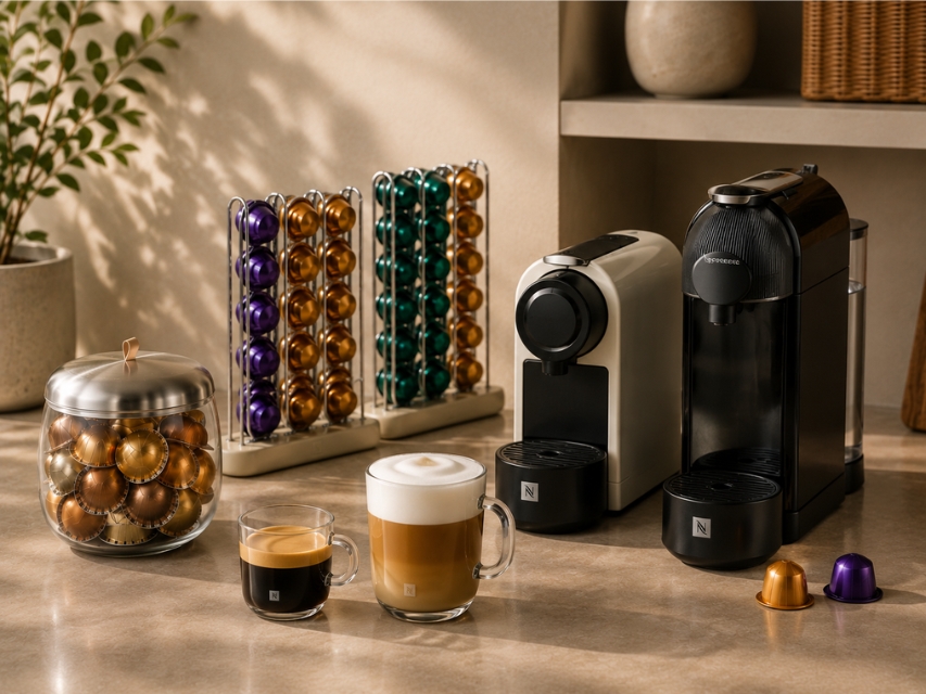 Cápsulas y cafeteras Nespresso: cómo disfrutar de café premium y ahorrar en cada compra Cápsulas y cafeteras Nespresso con café premium, accesorios y tazas de espresso en una cocina moderna iluminada por luz natural.