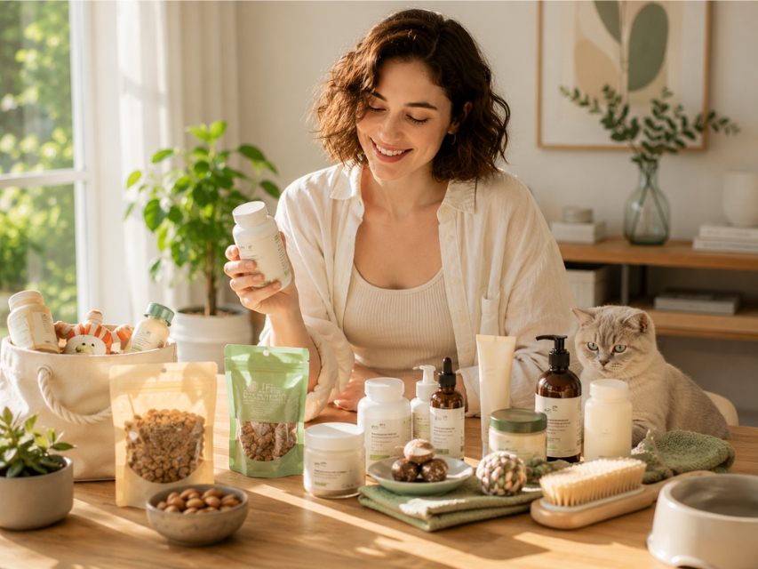 ¿Qué hace de iHerb una de las tiendas online favoritas para el bienestar? Mujer joven comparando productos de bienestar, suplementos y cuidado personal en iHerb.