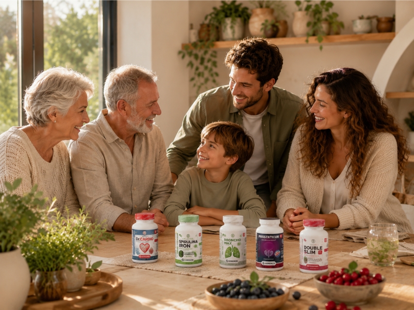 ¿Qué es Geberich y qué productos ofrece? Familia disfrutando de un estilo de vida saludable junto a suplementos de bienestar natural Geberich en un entorno luminoso y acogedor.